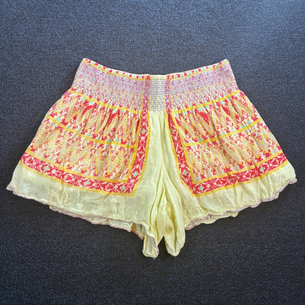 Free People Between Borders Skort Shorts Womens XS Yellow Boho Smocked Print